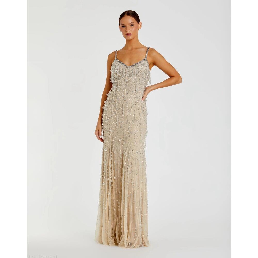 NWT Mac Duggal 10101 V-Neck Column Gown Size 6 Fringe Embellishments Beige NWT